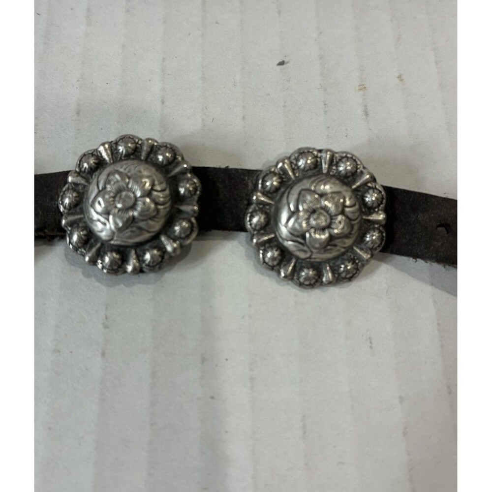 Vintage Brown Leather Western Bracelet Silver Tone Conchos Floral Stamped Buckle - Picture 3 of 6